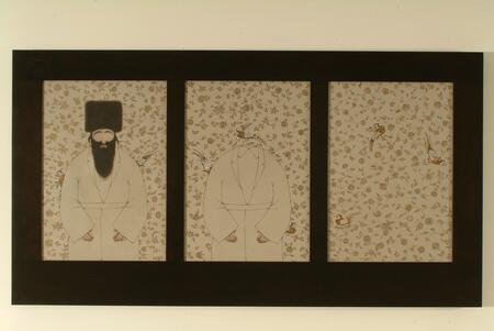 A triptych of three paintings, featuring a rabbi and three birds on a background of flowers. From left to right, the rabbi disappears.