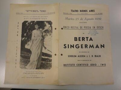 Program cover for Berta Singerman poetry recital, 1959, with photograph of Singerman and information about performance