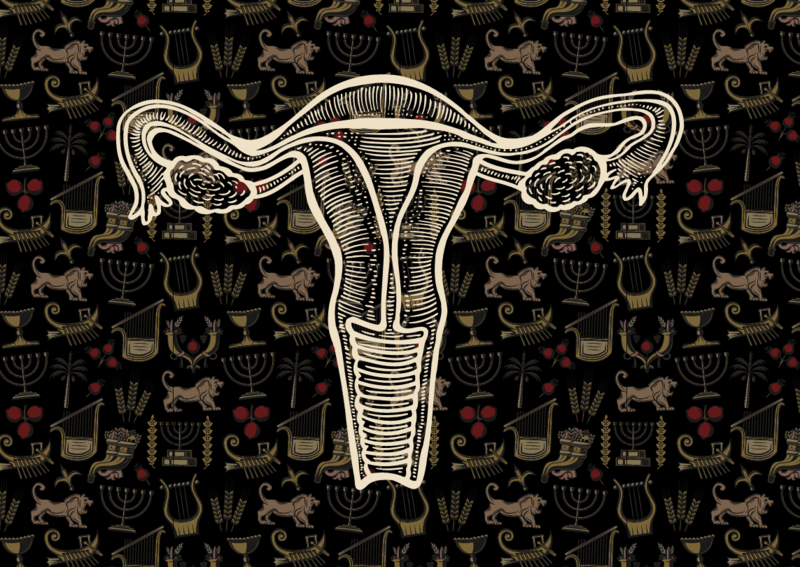 A uterus superimposed over images of Hanukkah items