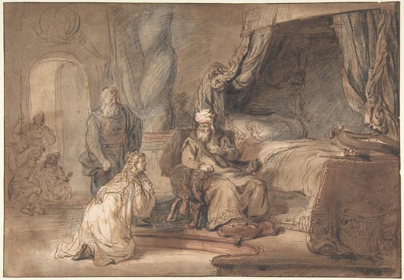 Drawing of Bathsheba kneeling before David.