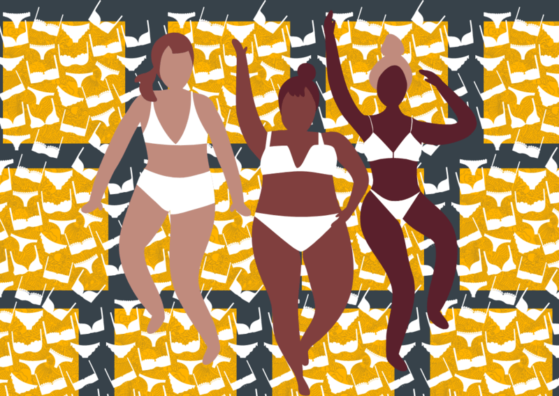 Collage with Three Women in Underwear; Background of Squares overlayed with underwear