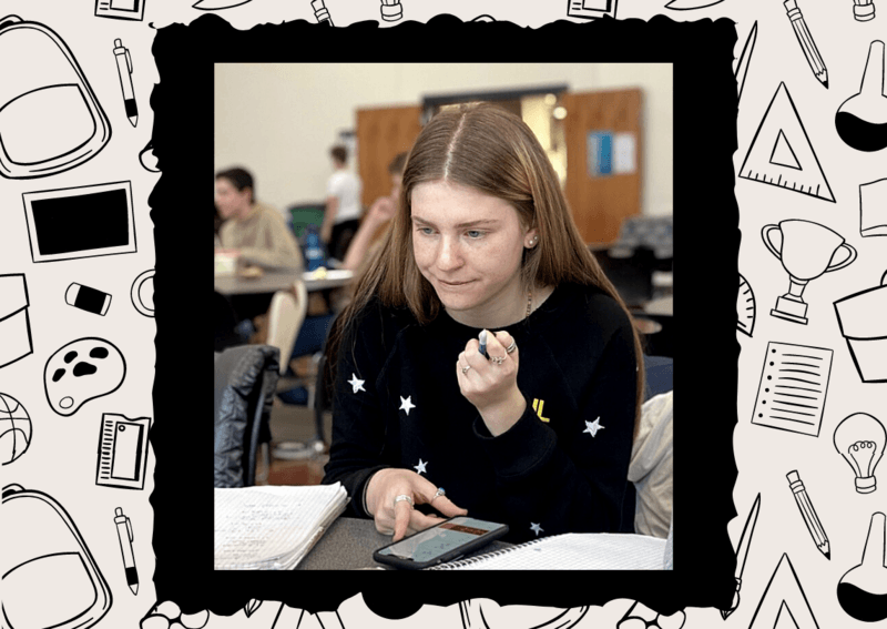 Background Collage of School supplies with Picture of Dodie Altman-Sagan Studying at Gann Academy, 2019 in the forefront.