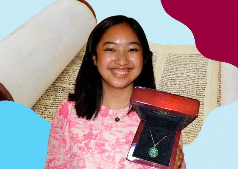 Collage of Torah, Jade Chai Necklace, and Image of Amanda Xinhui Malnik