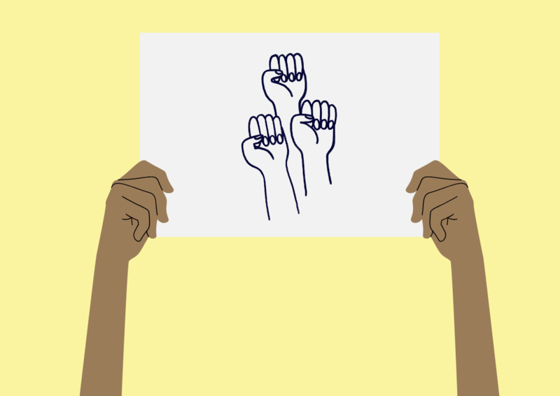 Arms holding up a protest sign with 3 power fists on it on yellow background