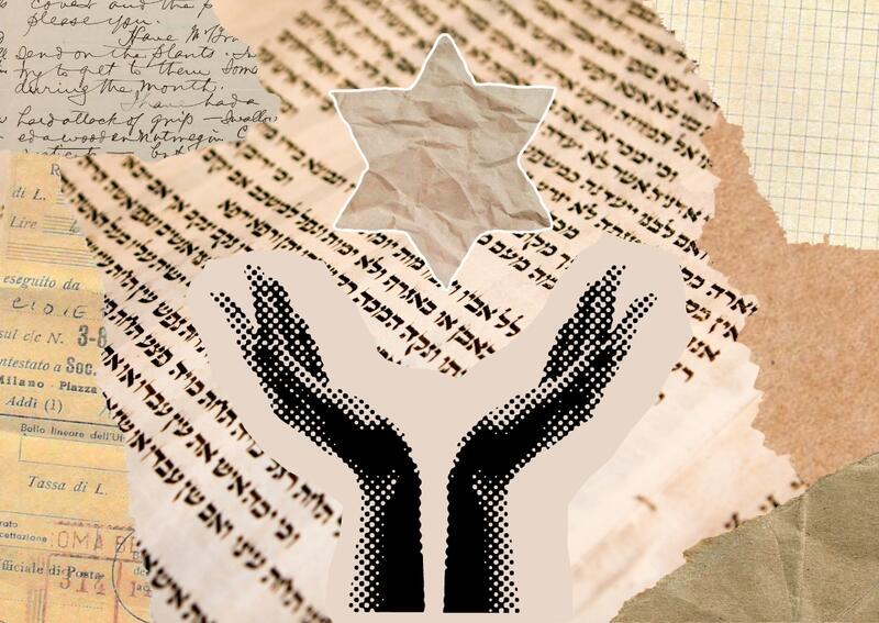 Collage of arms holding up a Jewish star on background of pages of Jewish text