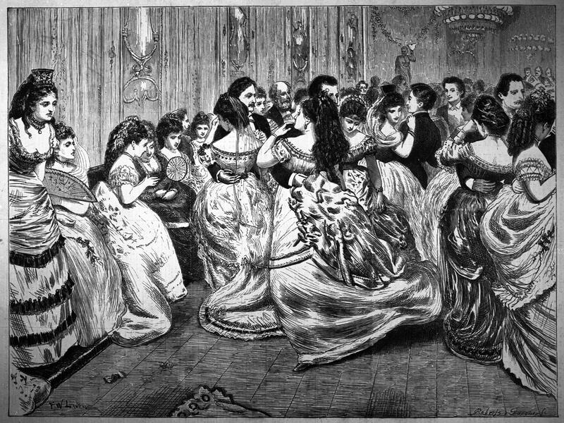 black and white drawing of people dancing in couples at a ball, circa 1800s