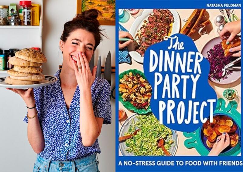 Woman with dark hair in a bun holdng a plate with a pile of pita one on side; on other side book cover with title Dinner Party Project: A No-Stress Guide to Food with Friends