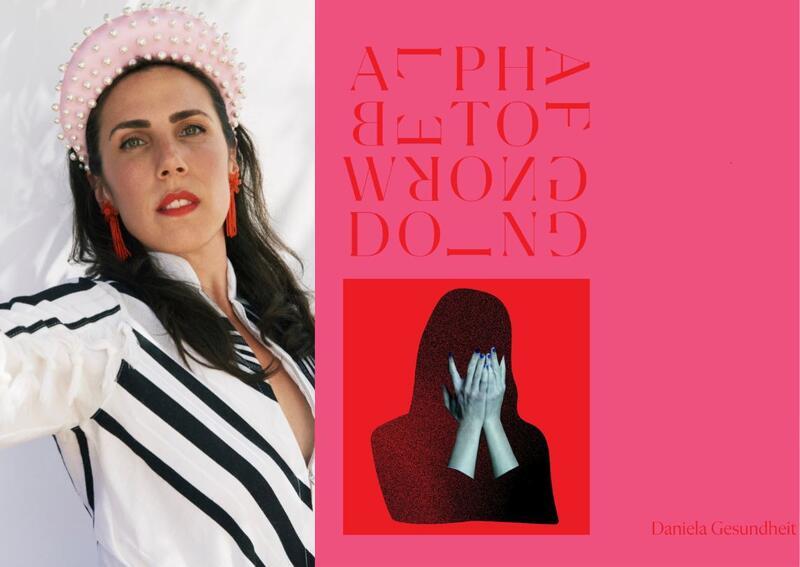 Photo of Daniela Gesundheit and her album cover, featuring a woman with her face in her hands and the words "Alphabet of Wrongdoing" in jumbled letters