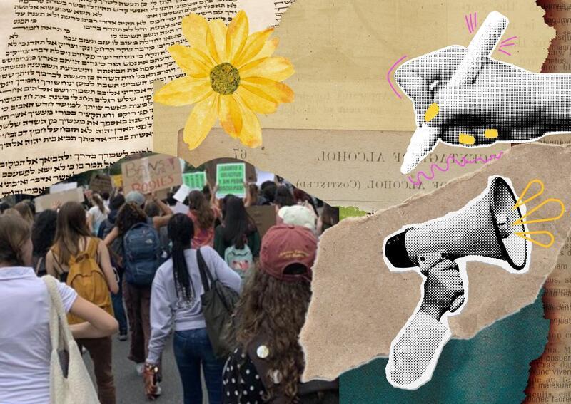 Collage of protest with a sunflower and a megaphone