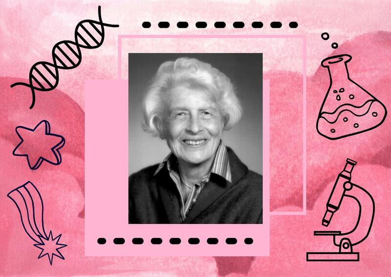 Collage of Gertrude Goldhaber on pink background