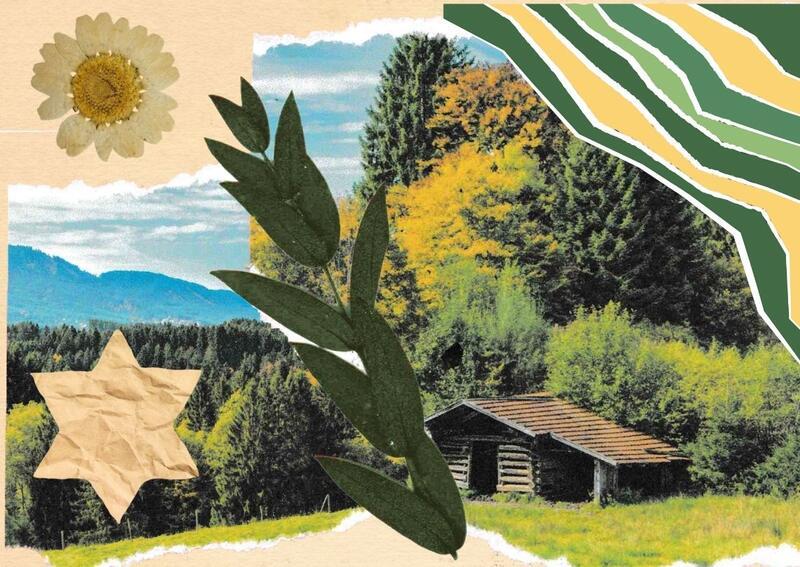 Collage with star of David, trees, and summer camp cabin