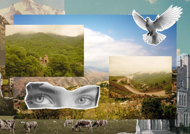 Collage of landscapes and doves