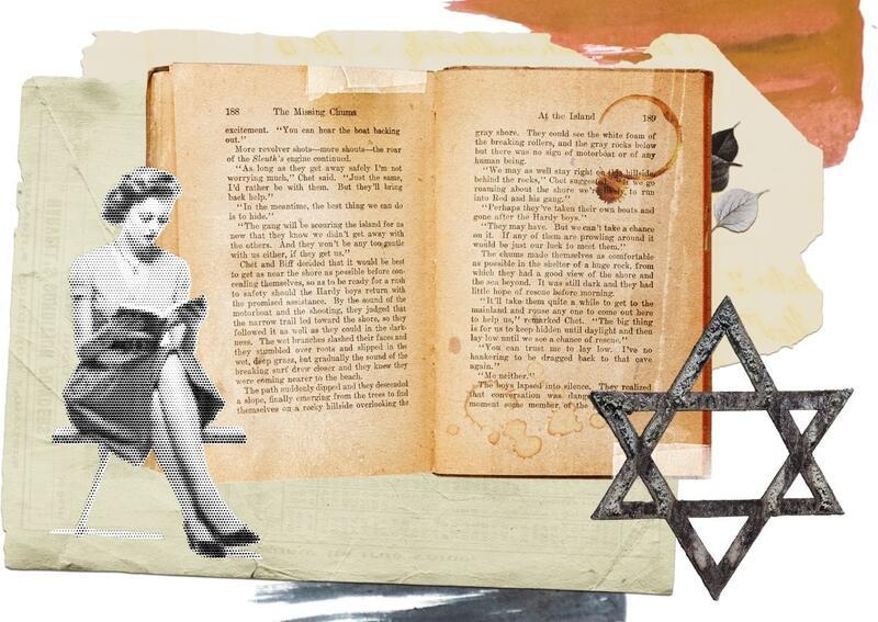 Collage of jewish text, a woman reading and a star of david