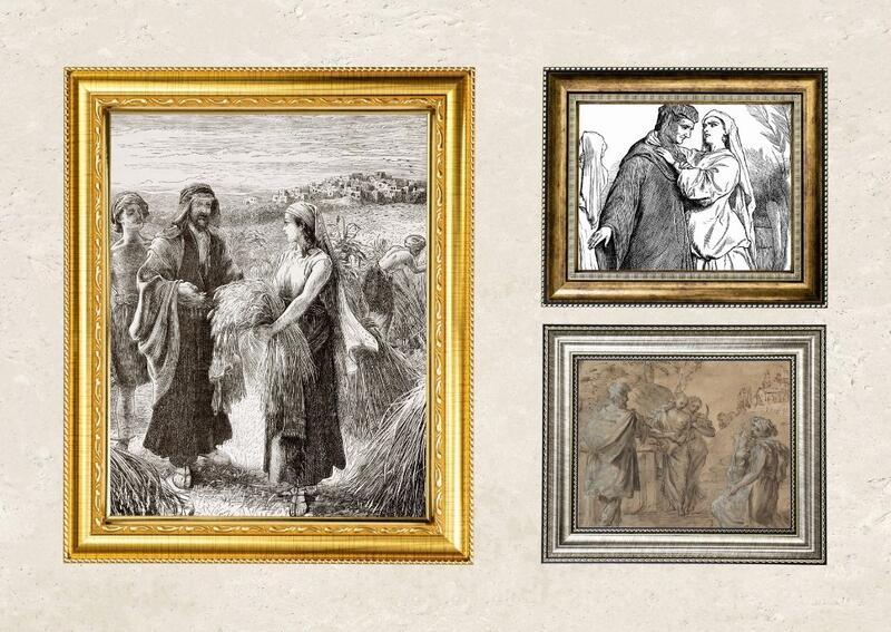 Collage of framed engravings of the story of Ruth