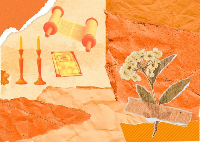 Collage of flowers and Jewish objects on a variety of orange torn papers