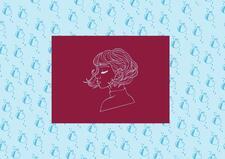 Collage of Illustrated Woman's Profile Over Pomegranate Wallpaper 