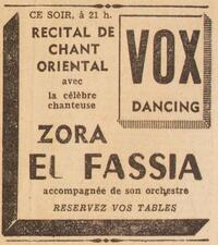 Moroccan advertisement for performance by Zohra El Fassia in French: Ce soir á 21 h recital de chant orientale