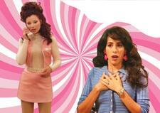 Collage of Fran Fine and Janice Litman-Goralnik on pink striped background