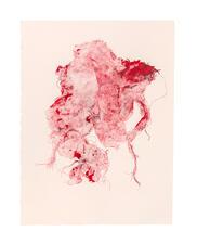 Dark red inkblot on offwhite paper