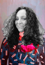 Image of woman with curly hair and colorful jacket that has the words "Jewish" and "Jewish studies" emblazoned as labels 