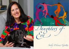 Collage of woman with dark hair holding dog in lap, and book cover reading "Daughters of Eve"