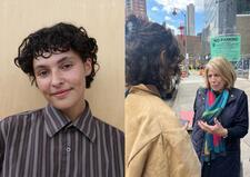 Collage of headshot of Joia Putnoi and photo of Joia interviewing her grandmother on a city street