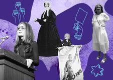 Collage of Gloria Steinem, Betty Friedan, Rebecca Gratz, and Emma Goldman on patterned purple background