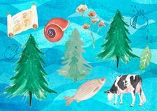 Collage of trees, cattle, and fish on blue patterned background