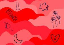 Black line drawings of moon and stars on a background of red and pink waves