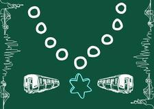 Outlined drawings of New York City skyline, Star of David necklace, and subway cars