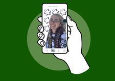 Collage of Miriam Ezagui over drawing of smartphone and hand on green background