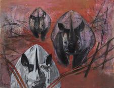 Painting of three rhinoceroses charging, with a red background