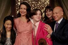 Still from bat mitzvah scene of And Just Like That...Includes Charlotte, her husband, children, and officiating rabbi