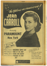 A newspaper ad with a headshot of Jean Carroll labeled "The Nation's #1 Comedienne!" with performance details