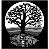 Black and white digital graphic of a tree silhouette with word cloud of English and Hebrew beneath