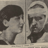 Black and white newspaper photograph of young Jewish woman Elza Niego, with short dark hair, and her murderer, Osman Ratip, with a bandaged head