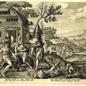 An engraving print of the Biblical ancestor Lamech and his two wives, Zillah and Adah.