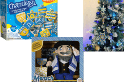 Collage of Hanukkah cookie decorating kit, Mensch on a Bench, and a Hanukkah Bush. 