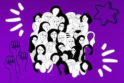 Collage of line drawing of a crowd of women on a deep purple background