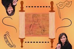 Collage of Julia Haart and a megillah scroll on an orange gradient background