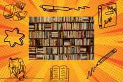 Bookshelves collaged on orange patterned background