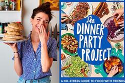 Woman with dark hair in a bun holdng a plate with a pile of pita one on side; on other side book cover with title Dinner Party Project: A No-Stress Guide to Food with Friends