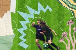 Image of girls playing soccer over collage of a green field and torn paper