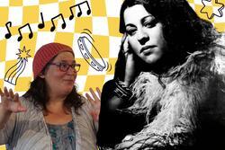 Collage of Cass Elliot and Rabbi Minna Bromberg on white and yellow checkered background