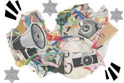 Collage of megaphone and camera over colorful confetti