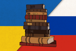 Stack of books against collage of the Ukrainian and Russian flags