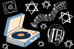 Blue record player on black background with white Jewish stars