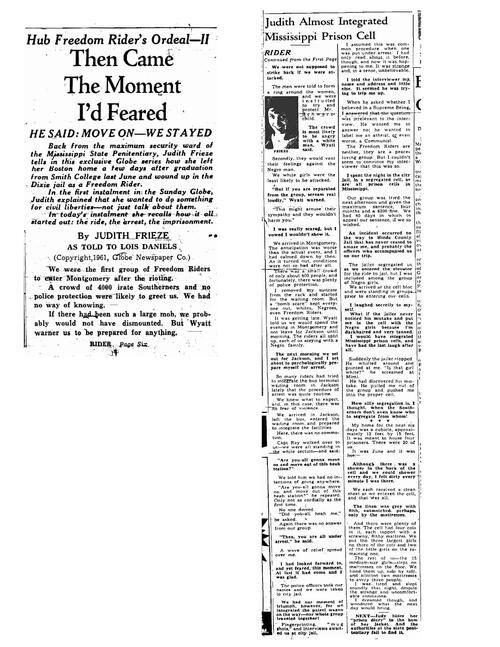 Judith Frieze on Freedom Rides, The Boston Globe, 1961