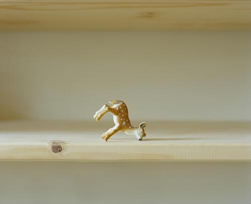 Photo of toy deer figurine upside on book shelf