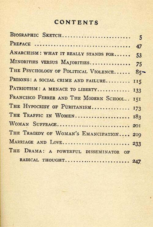 "Anarchism and Other Essays" Cover Page and Table of Contents by Emma Goldman, 1917, Page 2